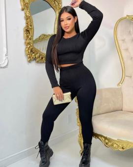 Conjunto Canelado Calça e Cropped Manga Longa Preto
