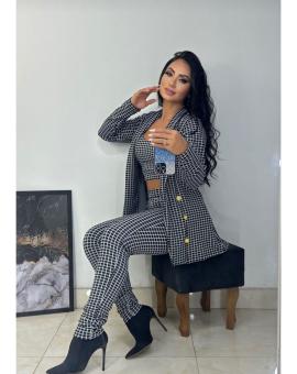 Conjunto Feminino Xadrez Calça e Blazer Alongado