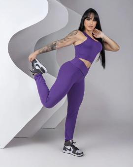 Conjunto Fitness Calça Legging e Top Liso Jacquard