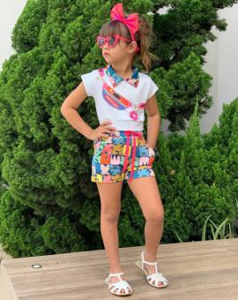 Conjunto Infantil Feminino Short Estampado e Blusa Branca