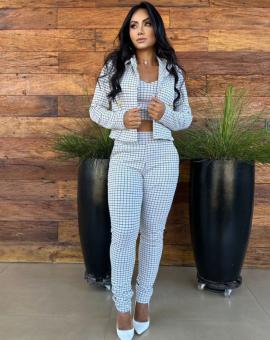 Conjunto Xadrez Feminino Branco Calça e Blazer Curto