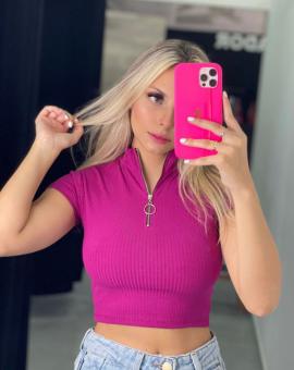 Cropped Canelado Gola Alta com Zíper