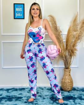 Pijama Feminino Estampado Calça e Cropped Alcinha Stitch