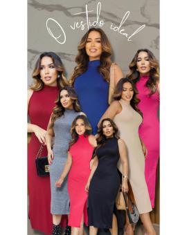 Vestido Canelado Midi Gola Alta Cavado