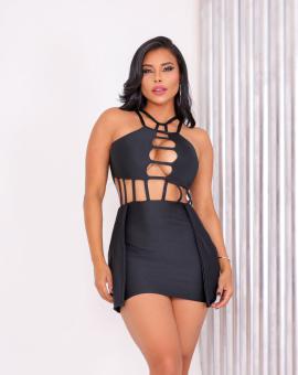 Vestido Curto Colado Preto Decotado Aberto na Cintura