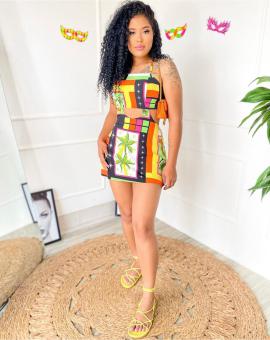 Vestido Curto Estampado Colorido Vazado na Cintura