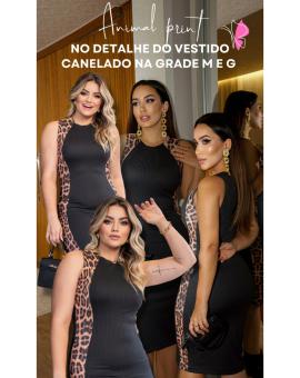 Vestido Midi Canelado Detalhe Estampa Animal Print