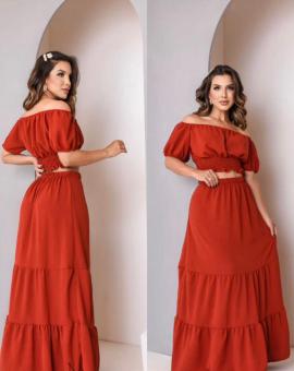 Conjunto Saia Longa e Cropped Ciganinha com Lastex