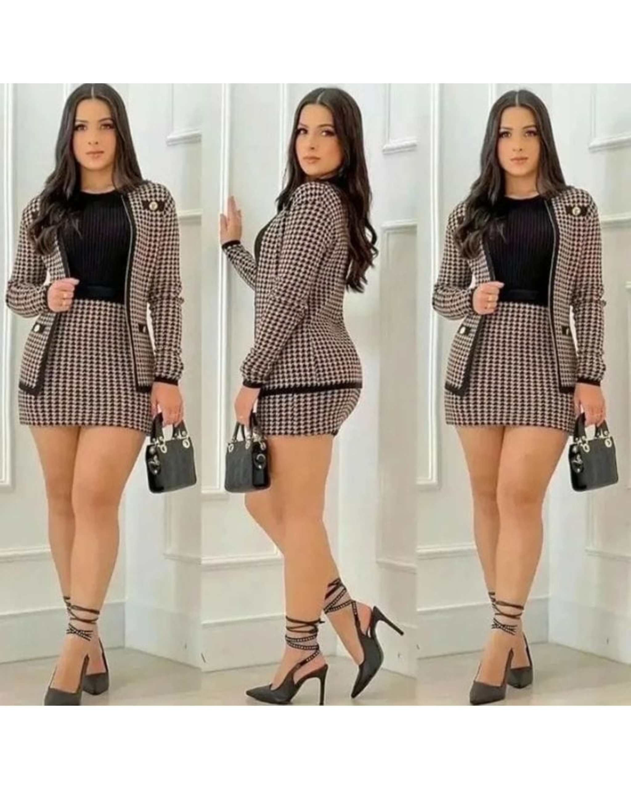 Conjunto Xadrez 2 Peças Blazer E Vestido 2023 Novo Moda Feminina