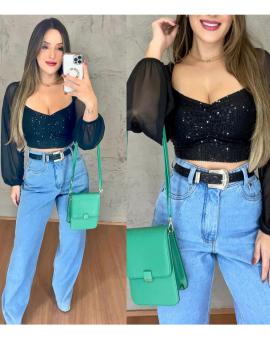 Cropped Manga Longa Bufante Tule com Paetê