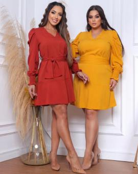 Vestido Curto Manga Longa com Amarração na Cintura