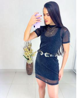Vestido Tule Lurex Preto Manga Curta