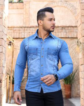 Camisa Jeans Masculina Manga Longa Clara