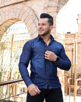 Camisa Jeans Masculina Manga Longa Slim