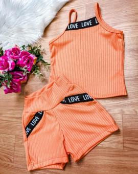 Conjunto Infantil Feminino Short e Cropped Canelado