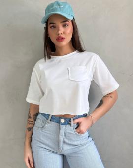 T-Shirt Feminina Estilosa Branca com Bolso 100% Algodão