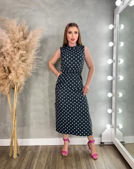Vestido Midi Canelado de Bolinha com Elástico na Cintura