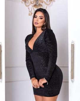 Vestido Preto Curto Manga Longa Decotado Veludo com Lurex