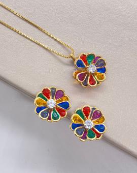 Conjunto Brinco e Colar Colorido Folheado