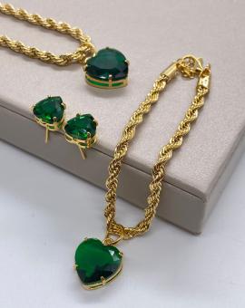 Conjunto Brinco e Colar com Pedra Verde