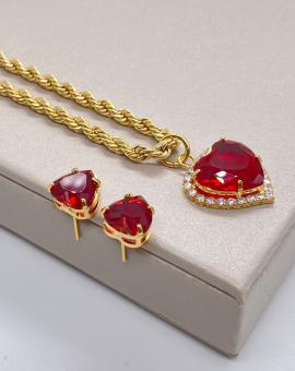 Conjunto Brinco e Colar Coração Pedra Vermelha