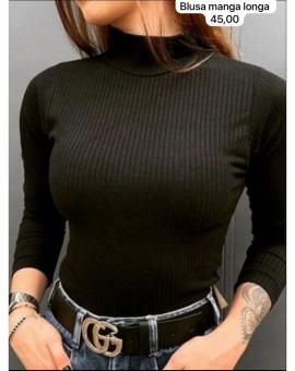 Blusa Canelada Manga Longa Gola Alta Preta