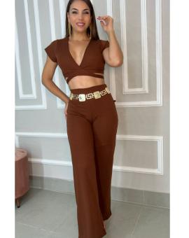 Conjunto Canelado Calça Pantalona e Cropped de Amarrar