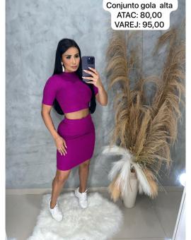Conjunto Canelado Gola Alta Saia e Cropped