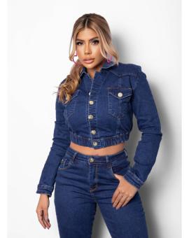 Jaqueta Jeans Feminina Curta com Elástico na Cintura