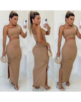 Vestido Longo Mula Manga Recorte na Cintura