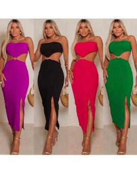 Vestido Midi Vazado na Cintura Detalhe Argola