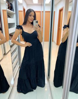 Vestido Longo Laise Preto Forrado Alça Babado