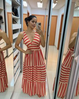 Vestido Longo Três Marias Listrado com Decote