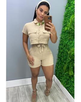 Conjunto Feminino Cropped Camisa e Short com Cinto