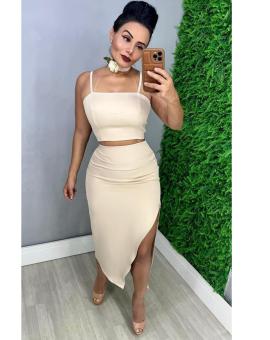 Conjunto Feminino Saia Midi com Fenda e Cropped Alcinha