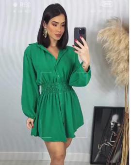 Vestido Chemise Curto Manga Longa com Lastex