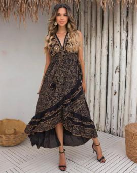 Vestido Indiano Preto com Folhas Douradas