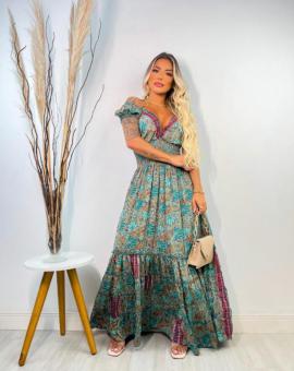 Vestido Longo com Decote Toque de Seda Bordado