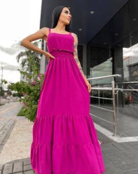 Vestido Longo Crepe Dunas Liso com Lastex