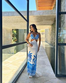 Vestido Longo Estampado Branco com Azul