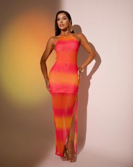 Vestido Longo Justo Costa Nua Tule Degrade