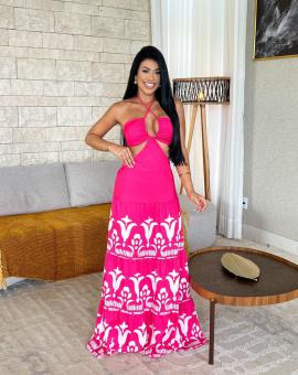 Vestido Longo Recorte Alça Cruzada Estampado na Barra