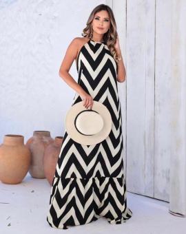 Vestido Longo Solto Costa Nua Cavado Estampa Geométrica