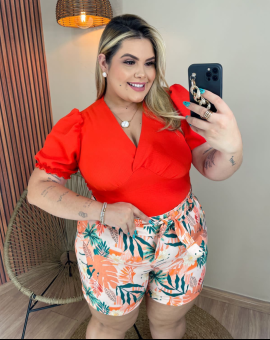 Blusa Feminina Plus Size Manga Bufante Decote V