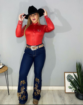 Camisa Feminina Manga Comprida Estilo Country Bordada Strass