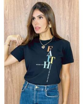 Camiseta Feminina Manga Curta Preta Estampada