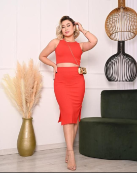 Conjunto Canelado Justo Saia Midi Cropped Regata
