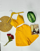 Conjunto Cropped Alcinha Short Cintura Alta Blogueira Liso Amarelo Atacado Rua 44 Goiânia