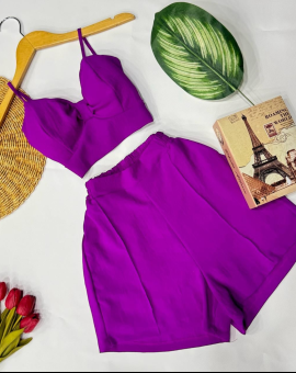 Conjunto Cropped Alcinha Short Cintura Alta Blogueira Liso