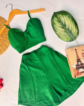 Conjunto Cropped Alcinha Short Cintura Alta Blogueira Liso Verde Atacado Rua 44 Goiânia